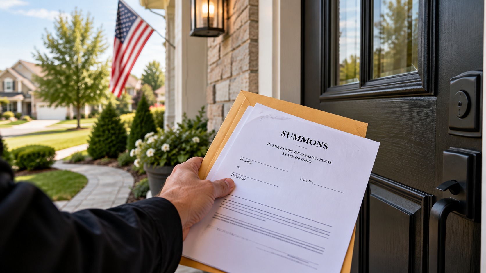 Legal summons held at a residential front door, illustrating the privacy risks of using a home address as a statutory agent.