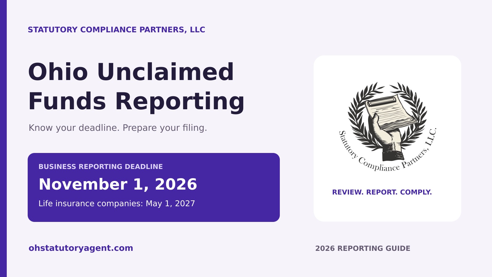 Ohio unclaimed funds reporting for 2026: business deadline November 1, 2026; life insurance companies May 1, 2027. Statutory Compliance Partners, LLC.